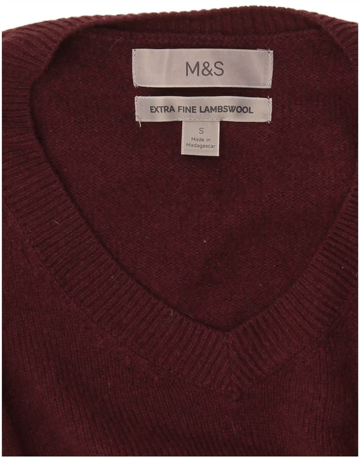 Maglione da uomo con scollo a V Marks & Spencer piccolo in lana d'agnello bordeaux