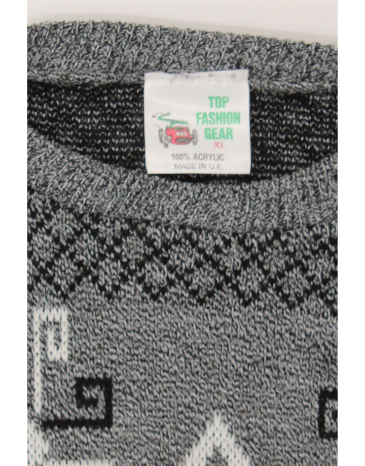 VINTAGE Mens Crew Neck Jumper Sweater XL Grey Argyle/Diamond Acrylic Vintage Vintage and Second-Hand Vintage from Messina Hembry 