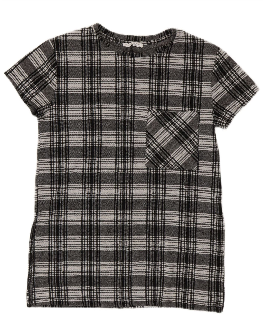 ZARA Camicetta da Donna a Maniche Corte a Maniche Lunghe Top UK 10 Piccolo Plaid Nero