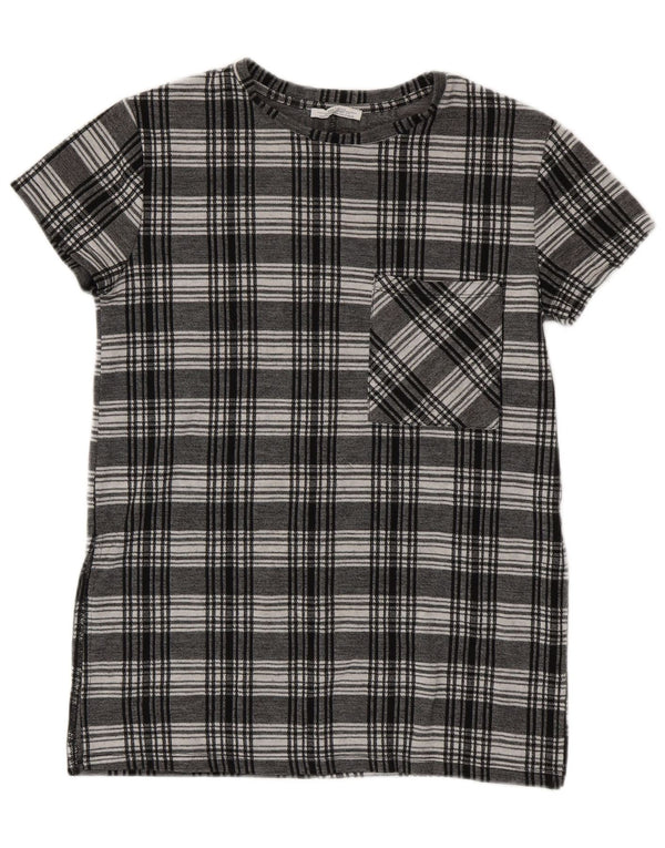 ZARA Camicetta da Donna a Maniche Corte a Maniche Lunghe Top UK 10 Piccolo Plaid Nero