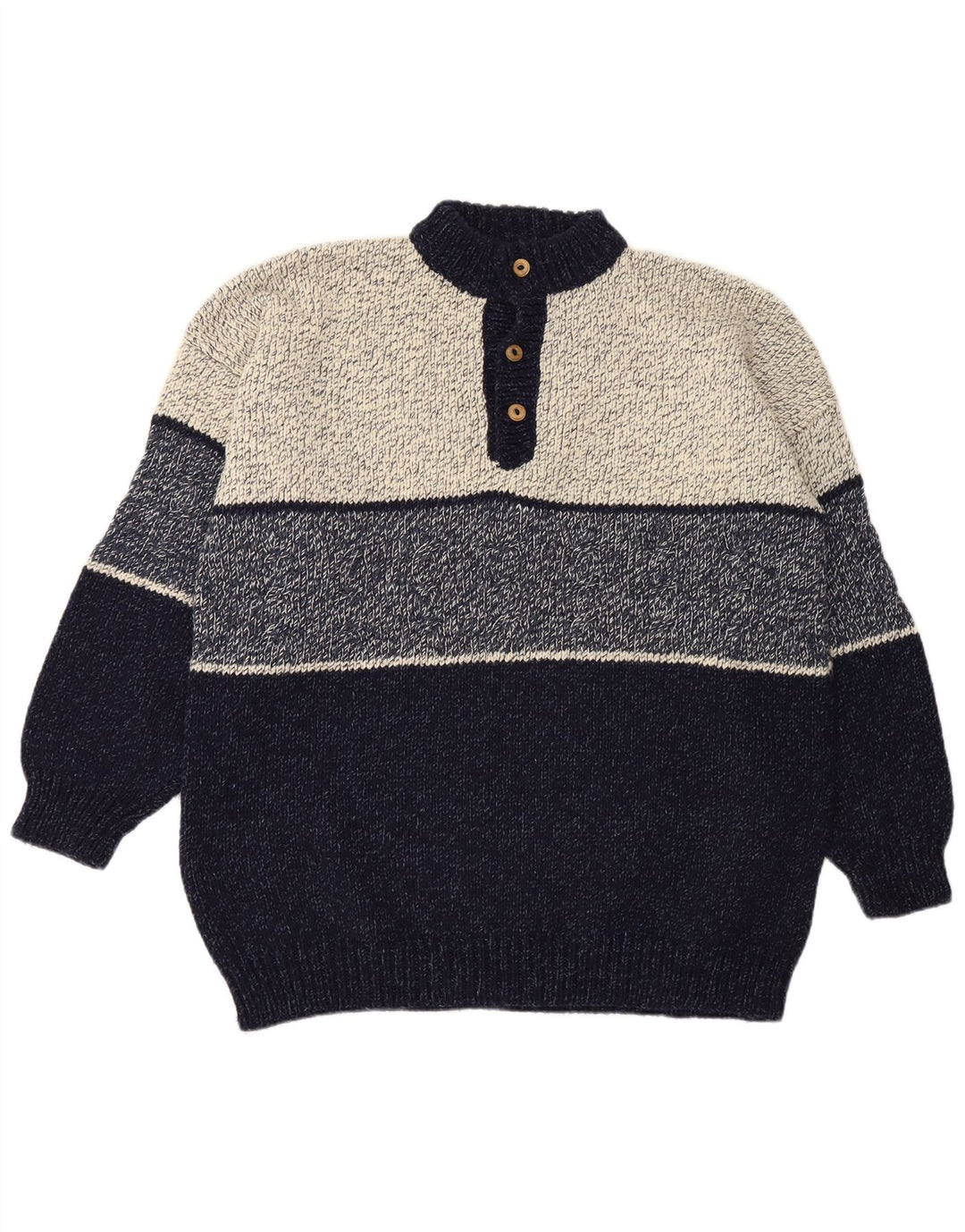 Maglione vintage da uomo con collo a bottoni 2XL color block blu navy