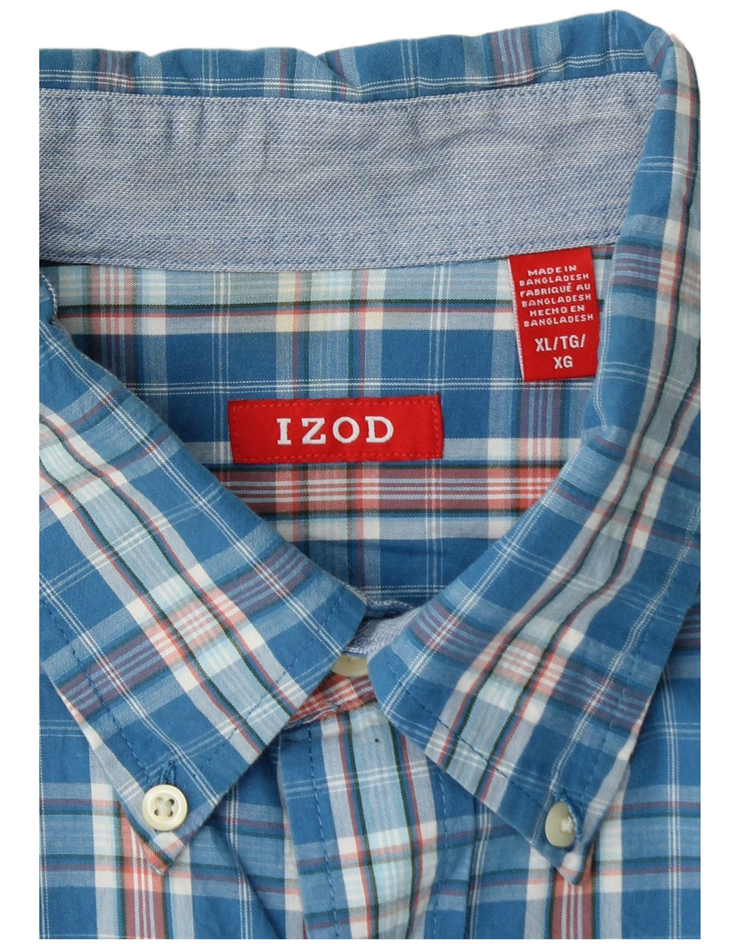 IZOD Mens Short Sleeve Shirt XL Blue Check Cotton