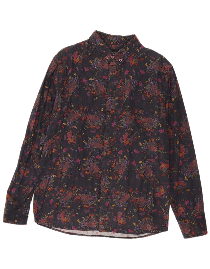 Camicia da uomo vintage grande in cotone floreale nero
