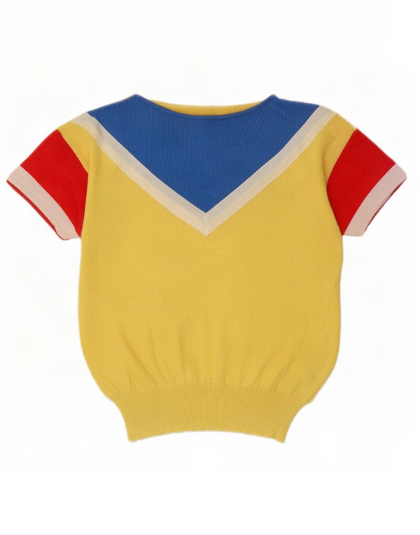 Maglione maglione vintage da donna con scollo a barca UK 10 piccolo color block giallo