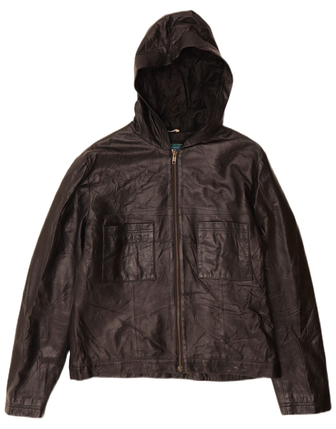 Giacca in pelle con cappuccio da donna vintage IT 46 grande in pelle nera