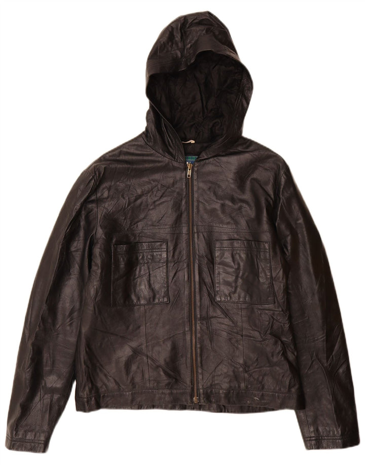 Giacca in pelle con cappuccio da donna vintage IT 46 grande in pelle nera