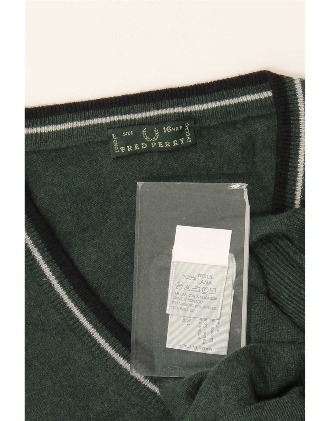 Maglione maglione con scollo a V da bambino Fred Perry 15-16 anni in lana verde