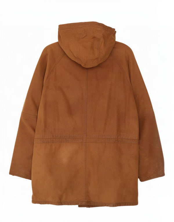Cappotto in pelle con cappuccio vintage da uomo UK 40 grande marrone