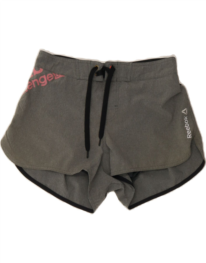 REEBOK Womens Graphic Sport Shorts UK 14 Medium  Grey Colourblock Vintage Reebok and Second-Hand Reebok from Messina Hembry 