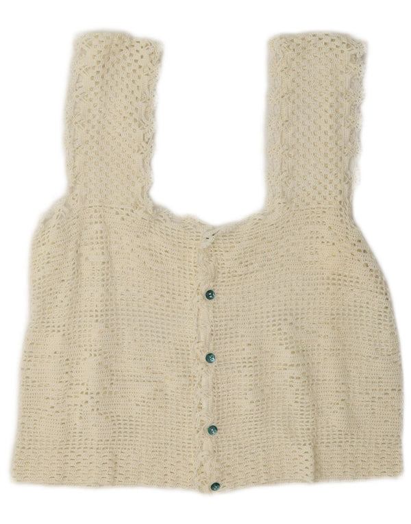 Top corto senza maniche vintage da donna all'uncinetto UK 12 medio bianco sporco