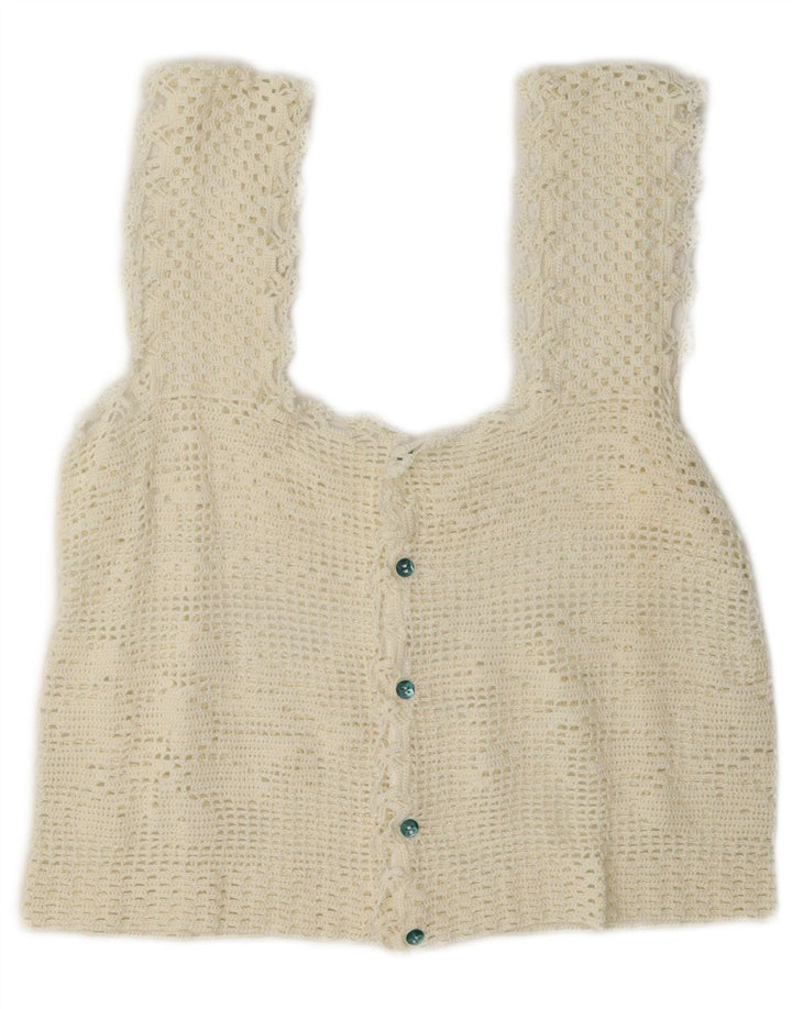 Top corto senza maniche vintage da donna all'uncinetto UK 12 medio bianco sporco