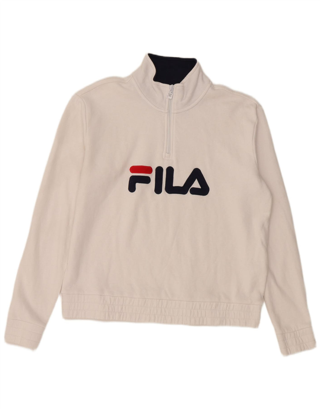 FILA Felpa da donna con collo con zip grafica Maglione UK 16 Grande cotone bianco