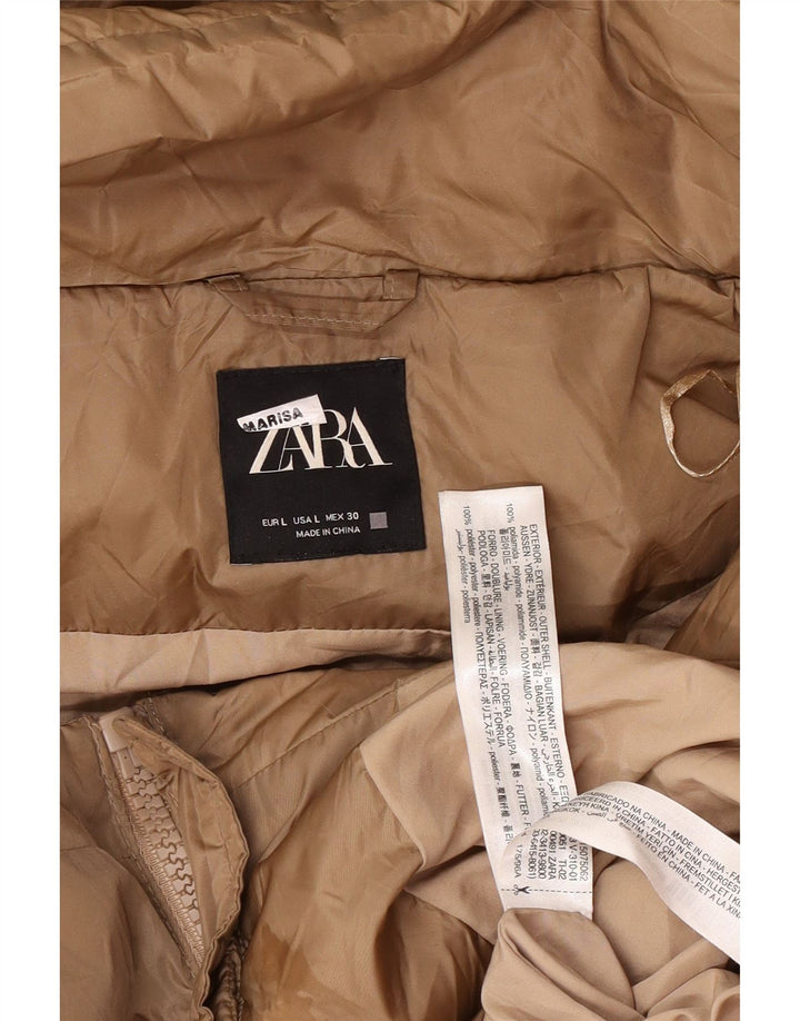 Cappotto imbottito con cappuccio da donna Zara UK 16 grande marrone in poliammide