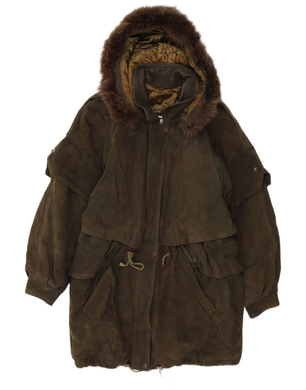 Soprabito con cappuccio da donna Lavorazione Artigianale UK 14 Pelle kaki media