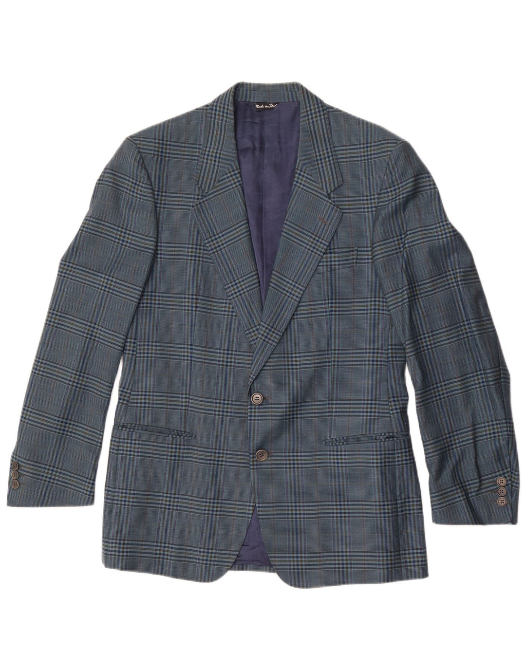 Giacca blazer vintage da uomo a 2 bottoni IT 50 grande lana a quadri blu