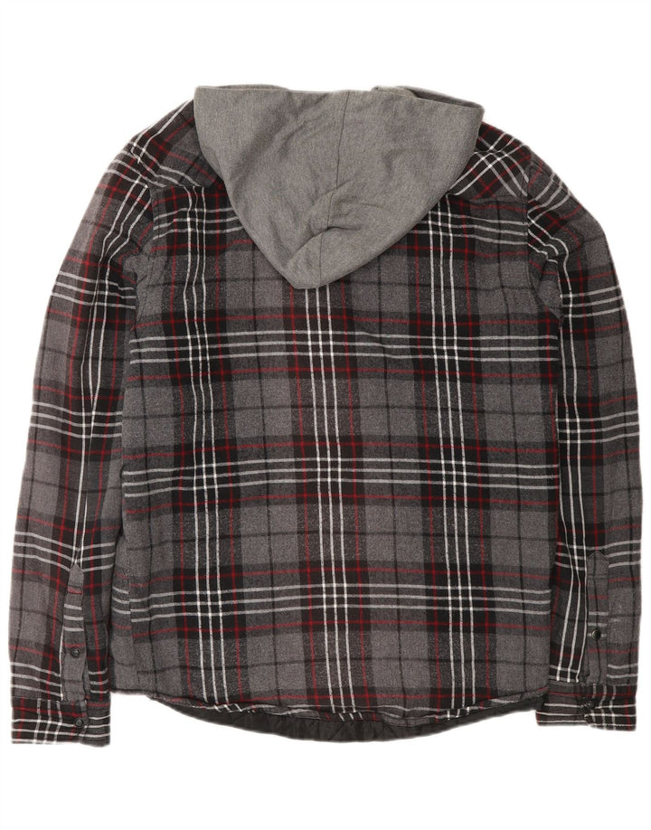 Camicia da uomo in flanella da boscaiolo con cappuccio Zara, cotone a quadri grigio medio