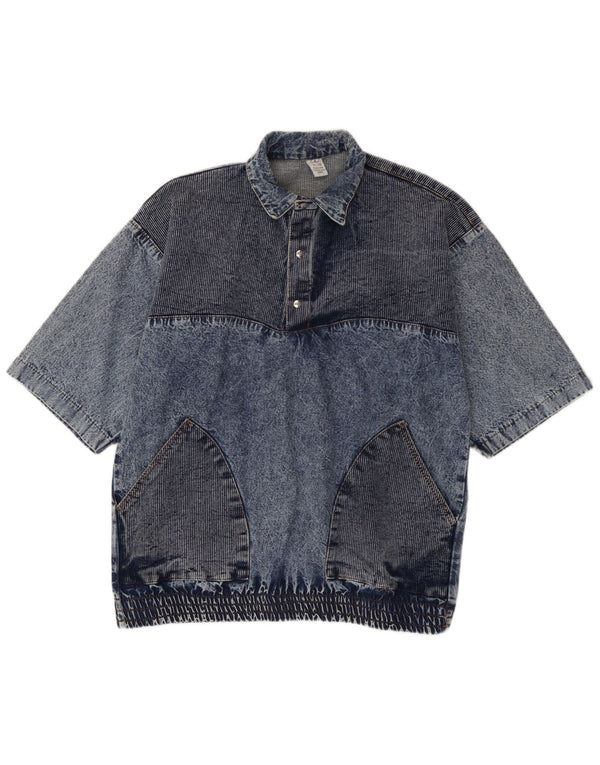 Camicia di jeans vintage pullover a maniche corte vestibilità ampia da uomo piccola in cotone blu