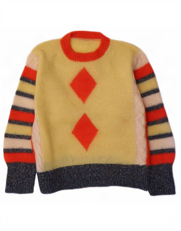 Maglione maglione girocollo da donna vintage UK 16 grande giallo a rombi/diamante