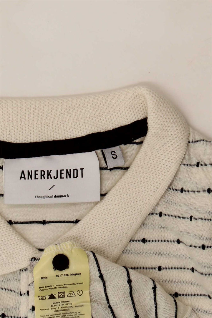 ANERKJENDT Mens Polo Shirt Small Off White Striped Cotton