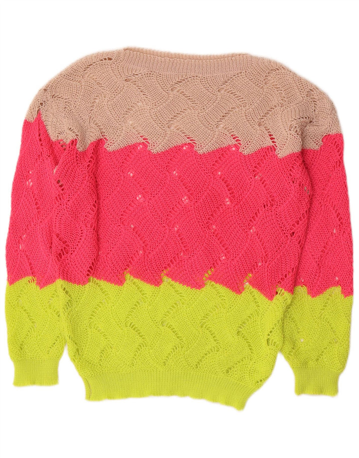 Maglione maglione con scollo a barca da donna VINTAGE UK 14 medio multicolore