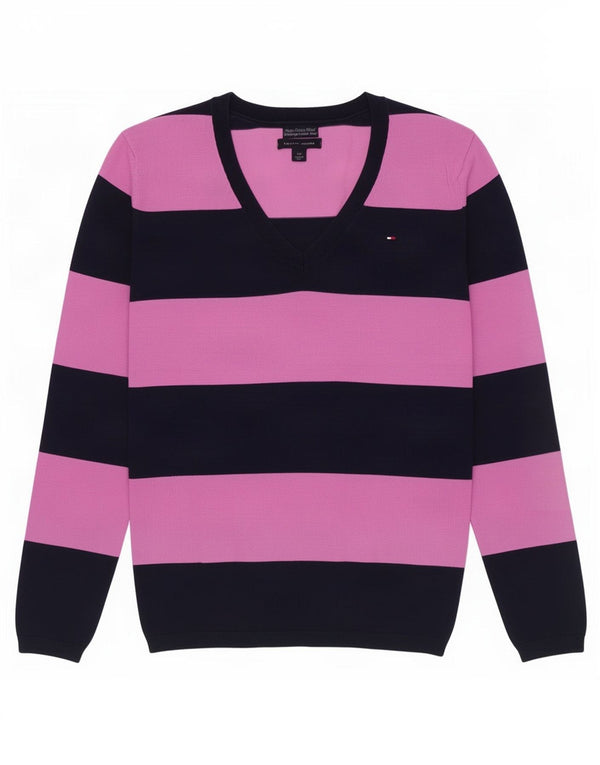 Maglione maglione con scollo a V da donna Tommy Hilfiger UK 10 piccolo cotone a righe rosa