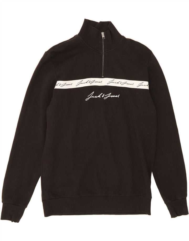 JACK & JONES Mens Graphic Zip Neck Sweatshirt Jumper Medium Black Cotton Vintage Jack & Jones and Second-Hand Jack & Jones from Messina Hembry 