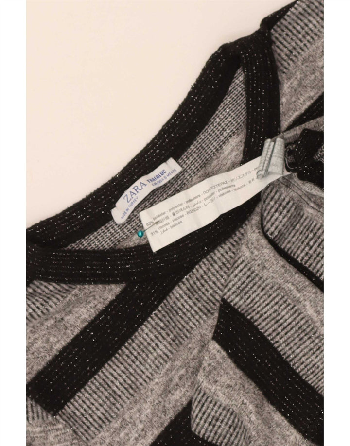 Zara Trafaluc Top corto da donna a maniche lunghe UK 8 Small Poliestere a righe grigie