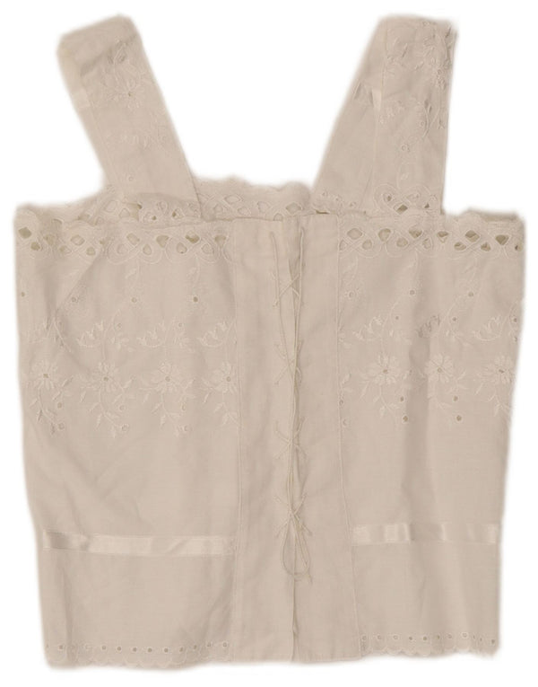 Top corto da donna vintage con camicetta UK 12 medio bianco floreale