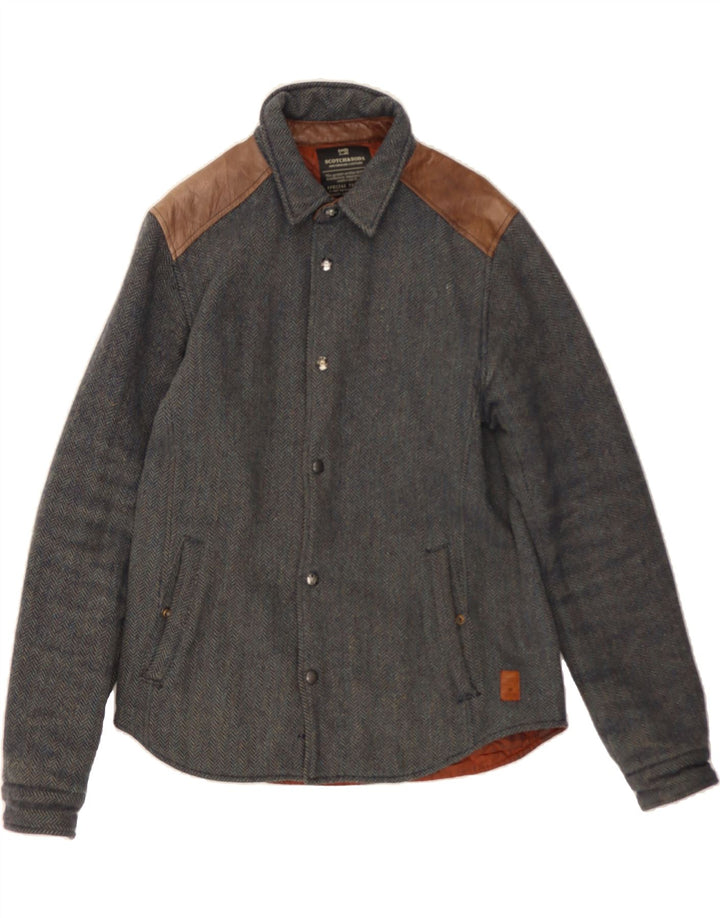 SCOTCH & SODA Mens Bomber Jacket UK 38 Medium Navy Blue Herringbone Wool Vintage Scotch & Soda and Second-Hand Scotch & Soda from Messina Hembry 
