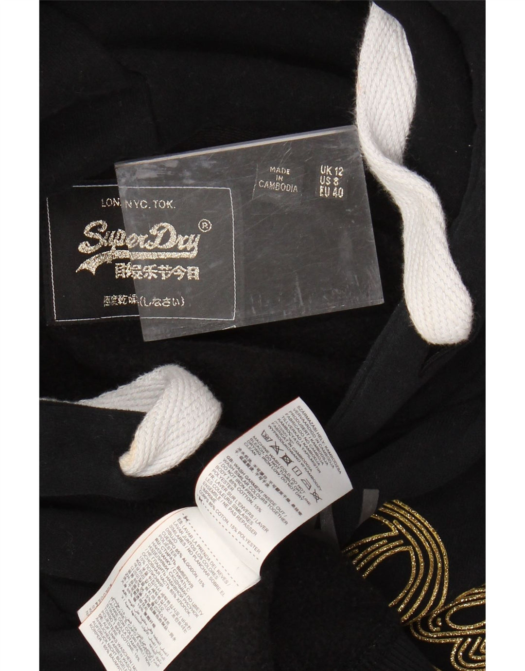 Maglione con cappuccio grafico da donna SUPERDRY UK 12 cotone nero medio