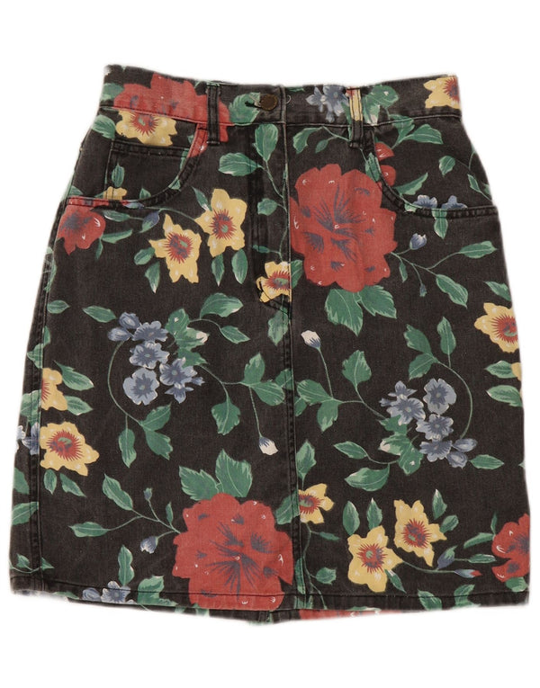 Gonna in denim vintage da donna UK 12 media W28 cotone floreale nero