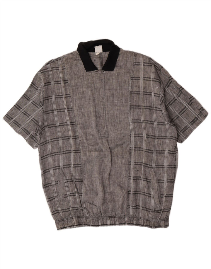 Camicia pullover vintage da uomo a maniche corte a quadri grigio medio