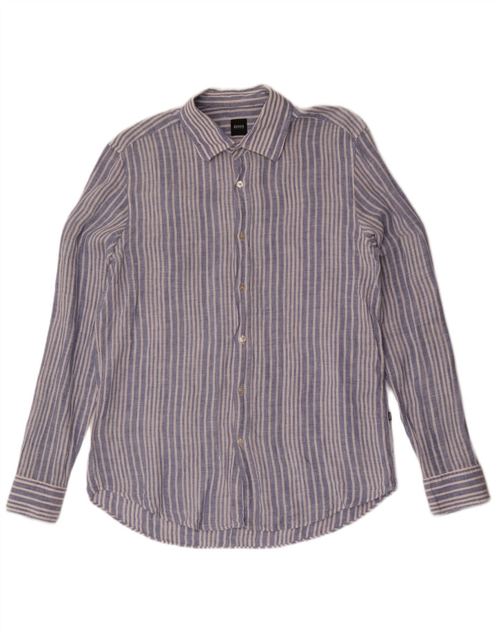 Camicia da uomo Hugo Boss grande lino gessato blu