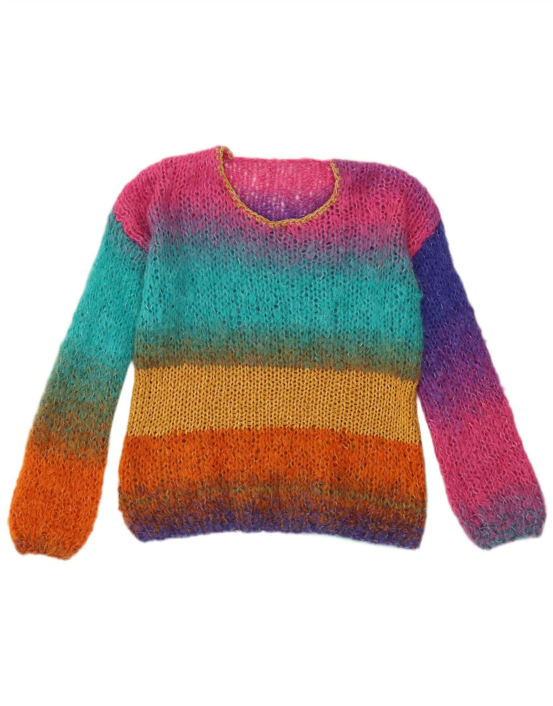 Maglione maglione girocollo da donna vintage UK 14 a righe multicolori medie