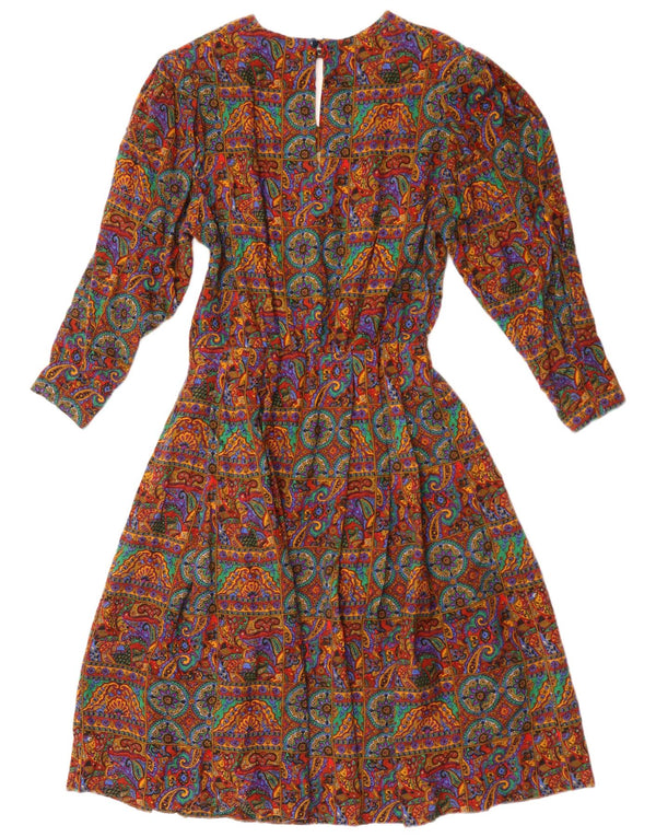 Abito a trapezio a maniche lunghe da donna vintage UK 12 Paisley medio multicolore
