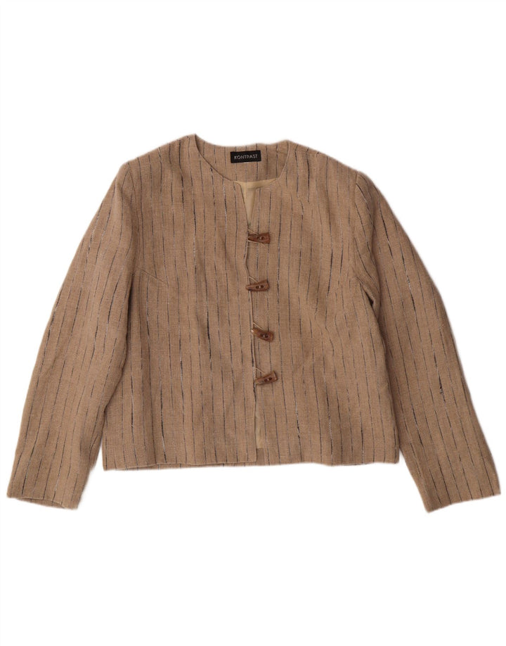 Giacca blazer da donna a 4 bottoni VINTAGE UK 14 Lino a righe beige medio