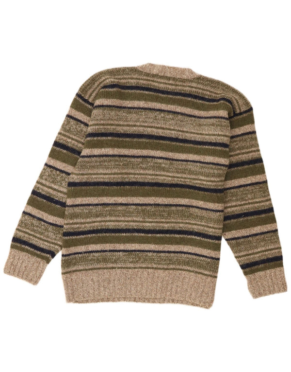 Maglione vintage da uomo con scollo a V, lana a righe grandi color kaki