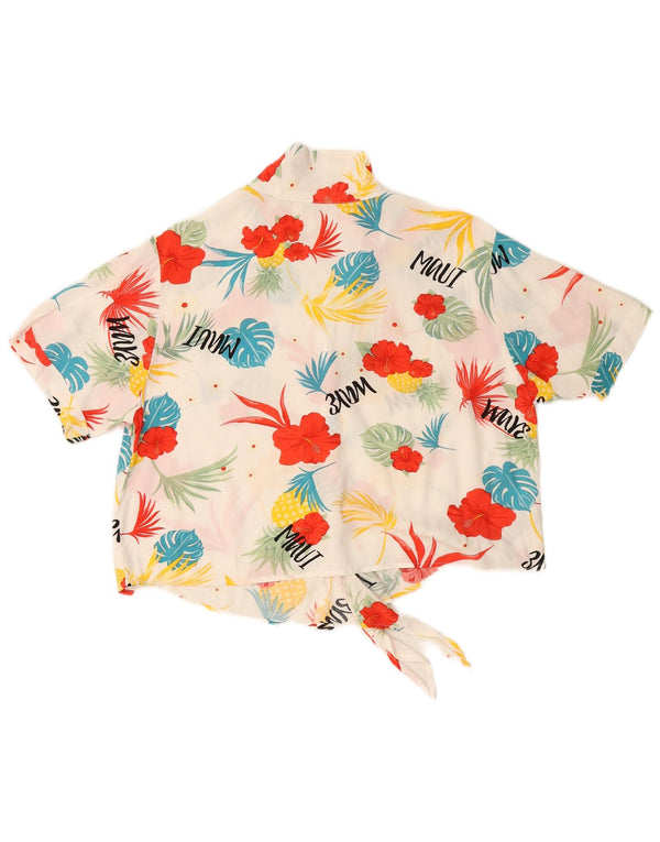 Camicetta da donna con cravatta frontale corta VINTAGE UK 16 grande floreale bianco