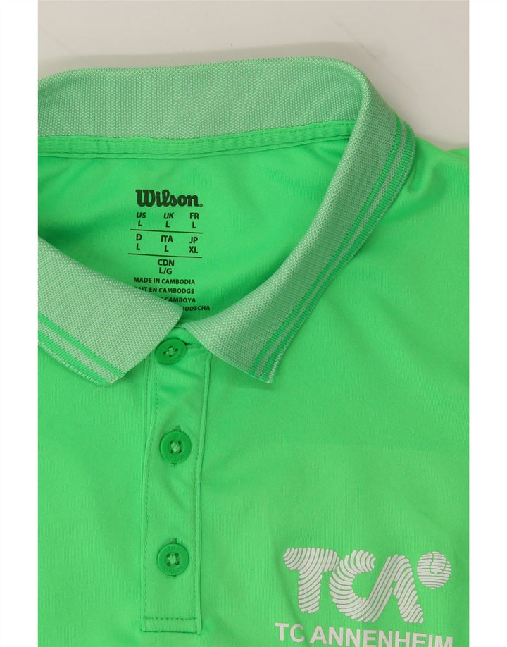 WILSON Mens Graphic Polo Shirt Large Green Polyester Vintage Wilson and Second-Hand Wilson from Messina Hembry 