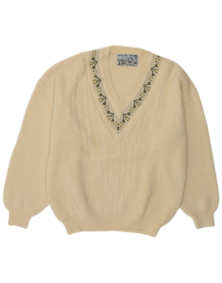 Maglione da uomo con scollo a V Il Granchio XL in lana vergine floreale bianco sporco