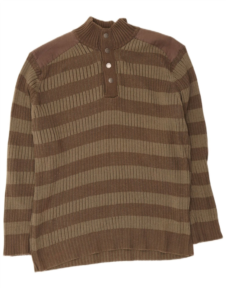 Maglione vintage da uomo con collo a bottoni XL a righe marroni