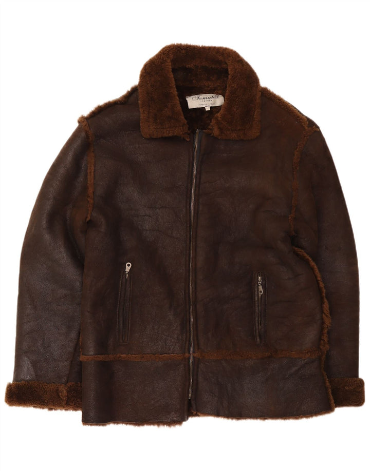 Giubbotto shearling vintage da uomo IT 50 grande in pelle marrone