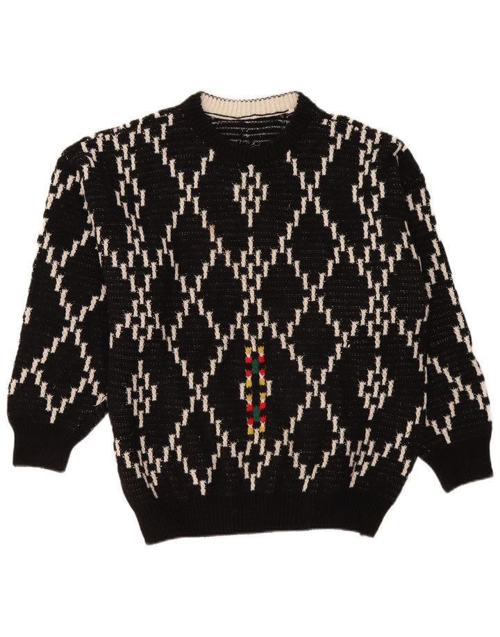 Maglione maglione girocollo vintage da uomo XL nero a rombi/lana diamante