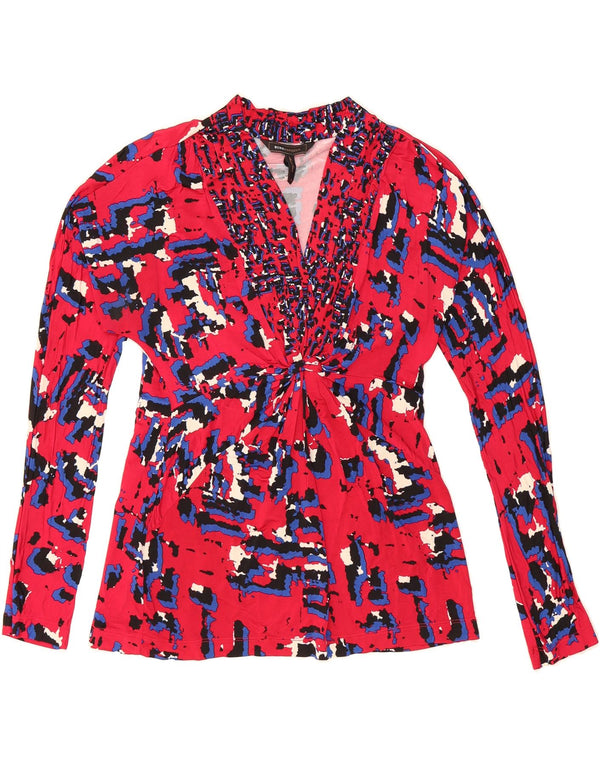 BCBGMAXAZRIA Womens Long Sleeve Blouse Top UK 6 XS Red Geometric Rayon