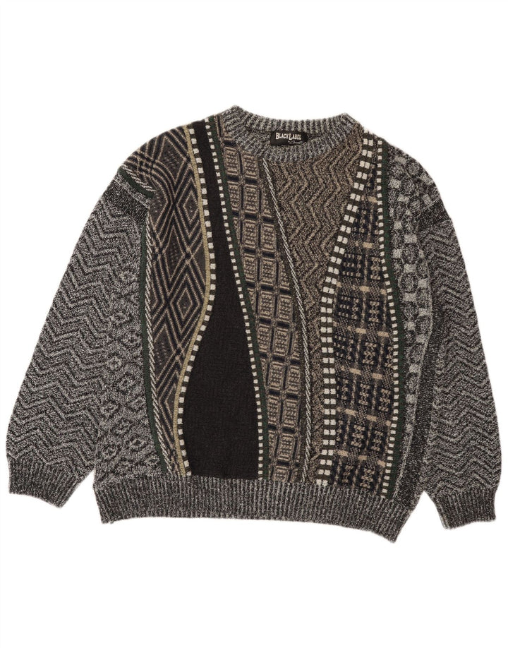 Maglione girocollo da uomo vintage in lana di alpaca patchwork grigio XL