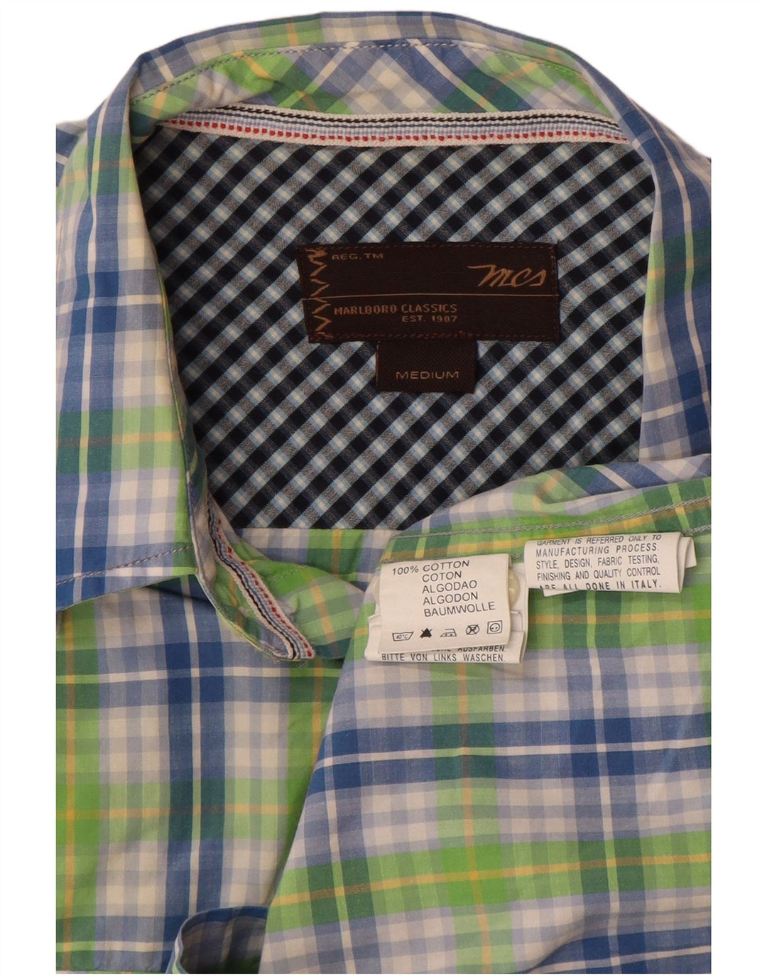 Camicia a maniche corte da uomo Marlboro Classics in cotone a quadri verde medio
