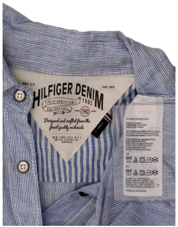 TOMMY HILFIGER Camicia a maniche corte da donna Camicetta UK 6 XS Lino a righe blu