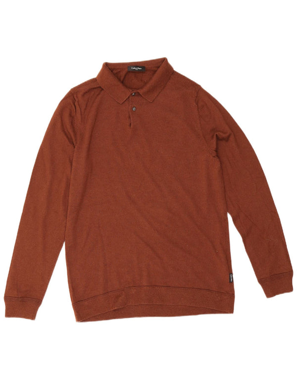 Calvin Klein Uomo Polo Collo Maglione Maglione Grande Lana Marrone