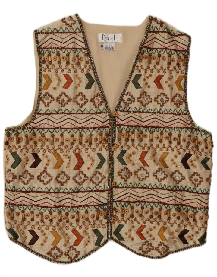 Gilet da donna vintage UK 14 Seta geometrica beige medio