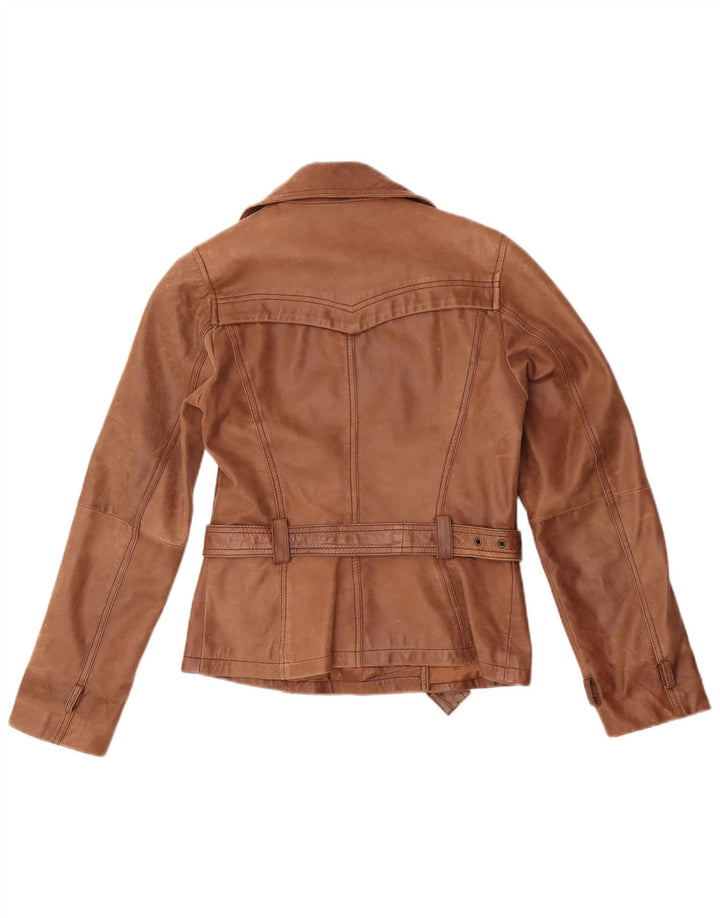 Giacca in pelle doppiopetto vintage da donna UK 10 piccola marrone